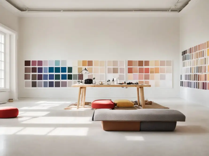 a spacious room with white walls and a selection of colors