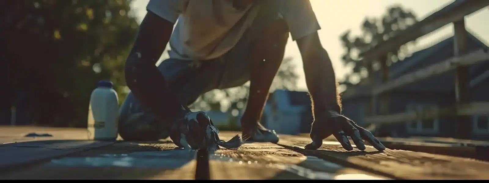 a painter carefully applying a thin, even coat of calming cool blue paint to a wood surface on a sunny day